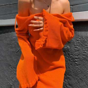 Woochic robe à manches longues évasées col en rond taille haute dos nu orange S